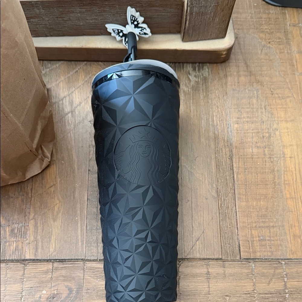 Starbucks Geometric Black Tumbler with Butterfly Topper